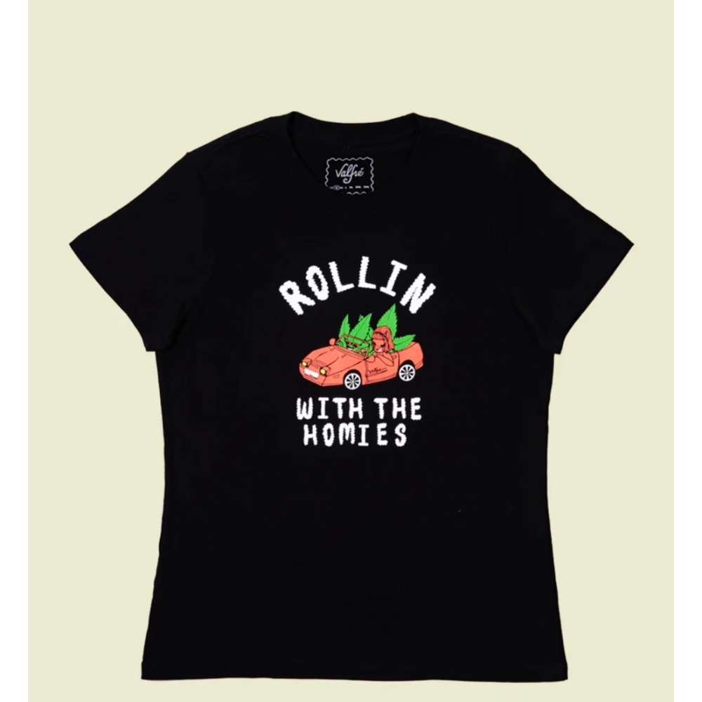 NWT Valfre Black “Rollin’ with the Homies” best buds Graphic Print T-shirt Sz S
